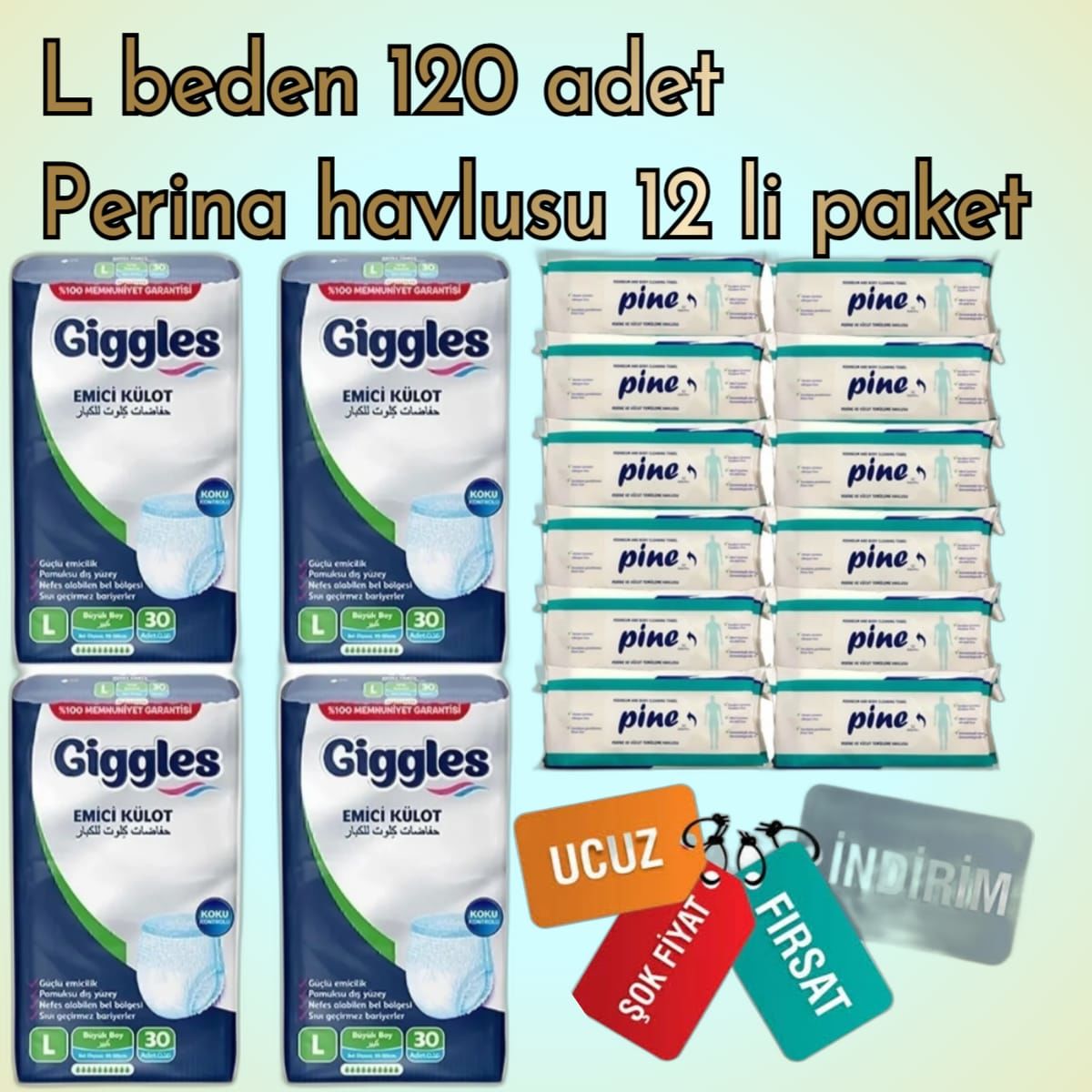 Giggles Külotlu Yetişkin Hasta Bezi L Beden 120'Lİ (12 Paket Perina Havlusu )