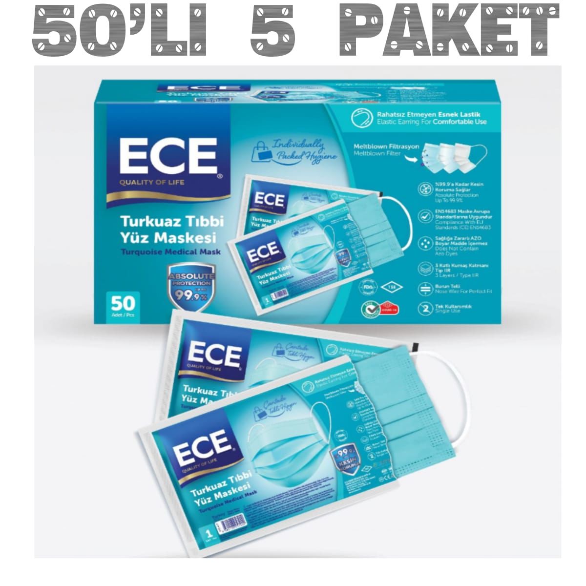 Full Ultrasonik Meltblownlu Mavi Maske 50'li(5-paket)