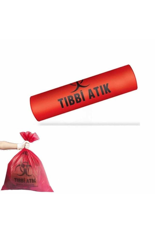 Tıbbi Atık Poşeti Büyük Boy 65x80 cm 300 gr 10 lu Rulo x 5 Paket = 50 Adet (Kırmızı-Siyah Baskılı)