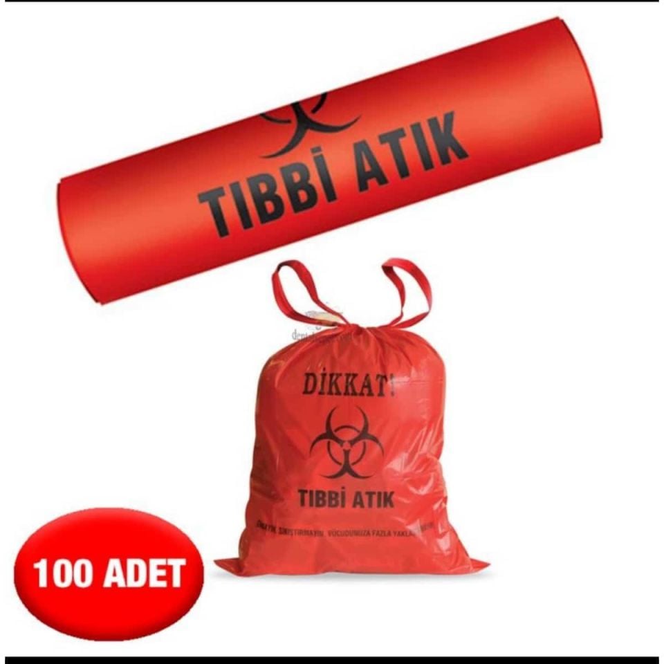 Tıbbi Atık Poşeti Büyük Boy 65x80 cm 300 gr 10 lu Rulo x 5 Paket = 50 Adet (Kırmızı-Siyah Baskılı)