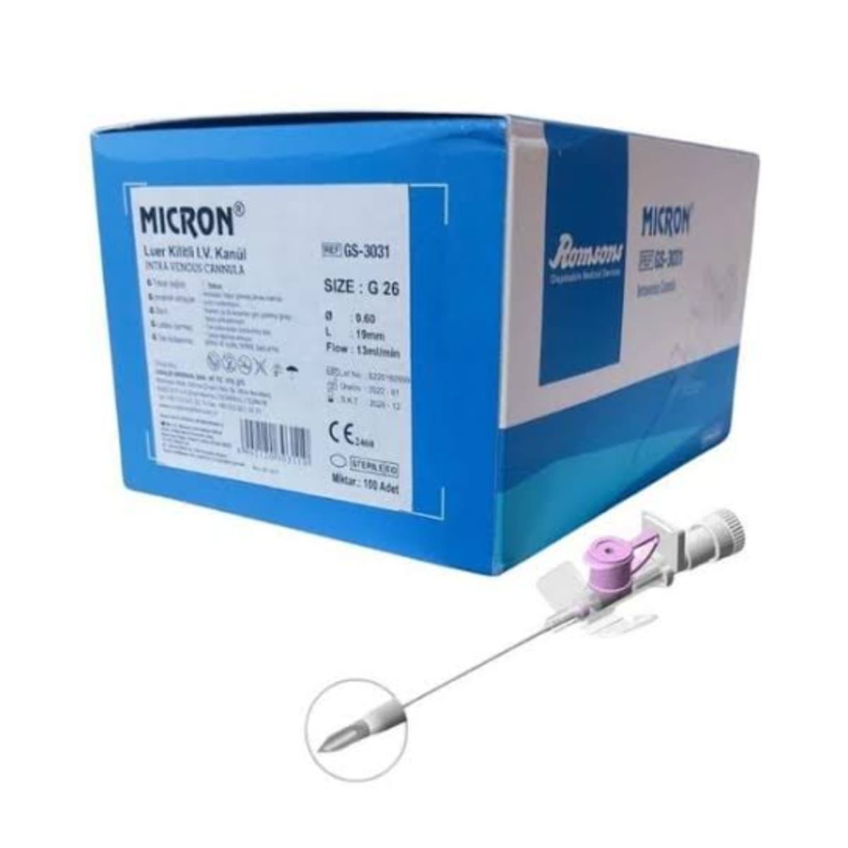 Romsons Micron Mor Portlu Branül - İntraket - I.V Kanül 26G 100'lü Kutu