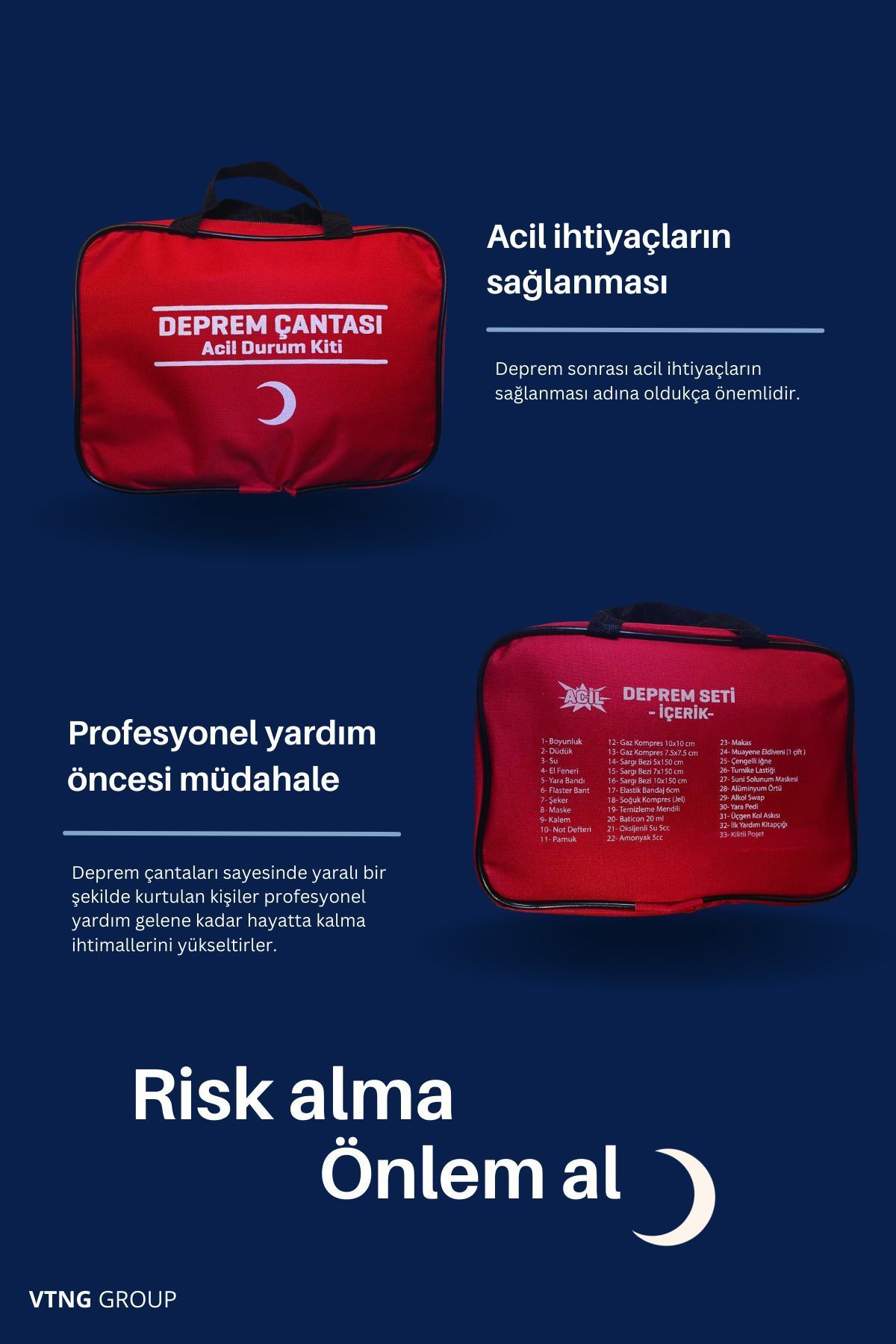 Deprem Çantası Acil Durum Ilk Yardım Kiti Seti -33 Parça