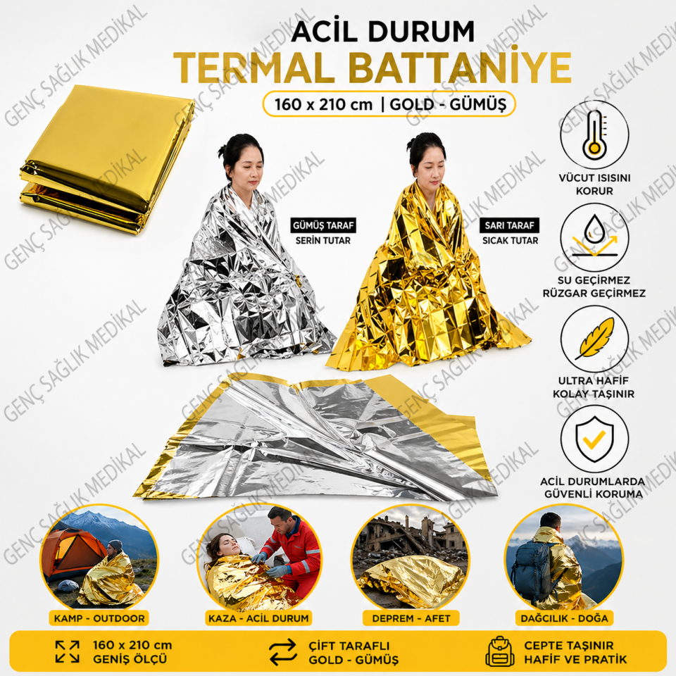 Acil Durum Termal Battaniye 160x210 cm Gold-Gümüş