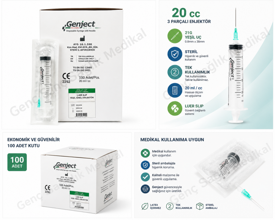 Genject 3 Parçalı Yeşil İğneli 20 cc Enjektör (21G) – Steril Tek Kullanımlık