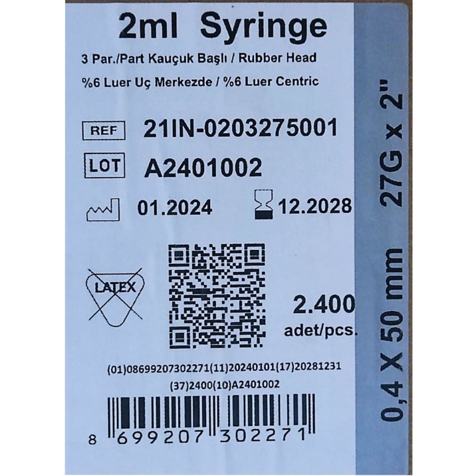 Dental Enjektör Set  2 ml 0,4x50mm uzun(300 adet)