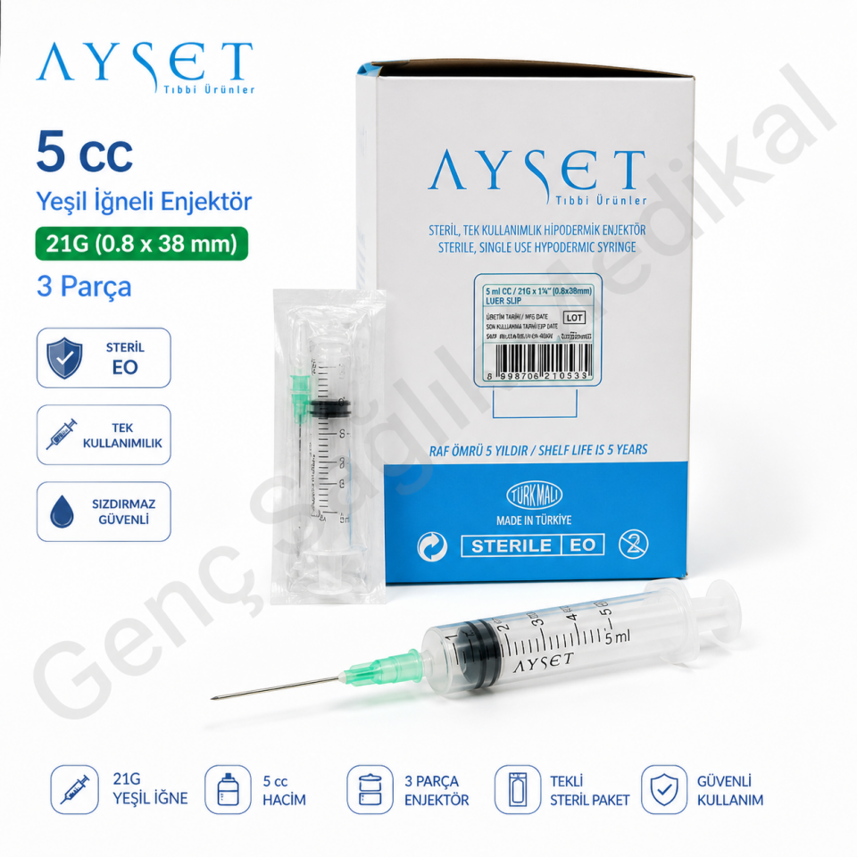Ayset 5 Cc Enjektör 21G Yeşil İğneli (3 Parça)