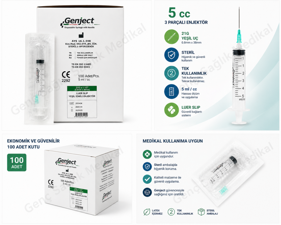 Genject 3 Parçalı Yeşil İğneli 5 cc Enjektör (21G) – Steril Tek Kullanımlık