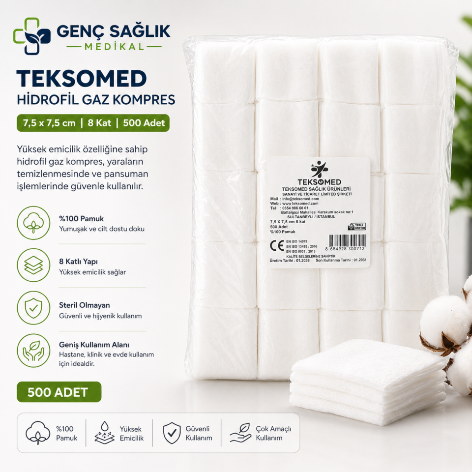 Spanç 7,5x7,5 cm 8 Kat Non Steril Gaz Kompres (500 Adet Paket) %100 Pamuk
