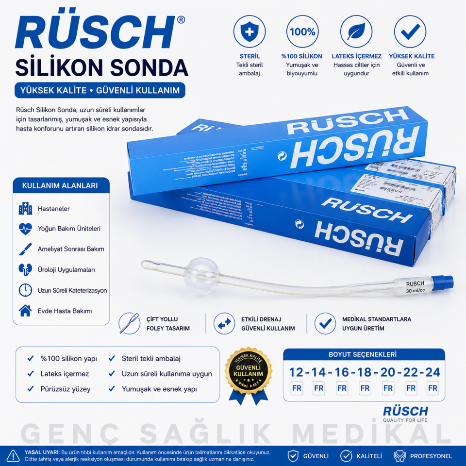 Rüsch Silikon Foley Sonda Steril Çift Yollu İdrar Kateteri 12-14-16-18-20-22-24 FR