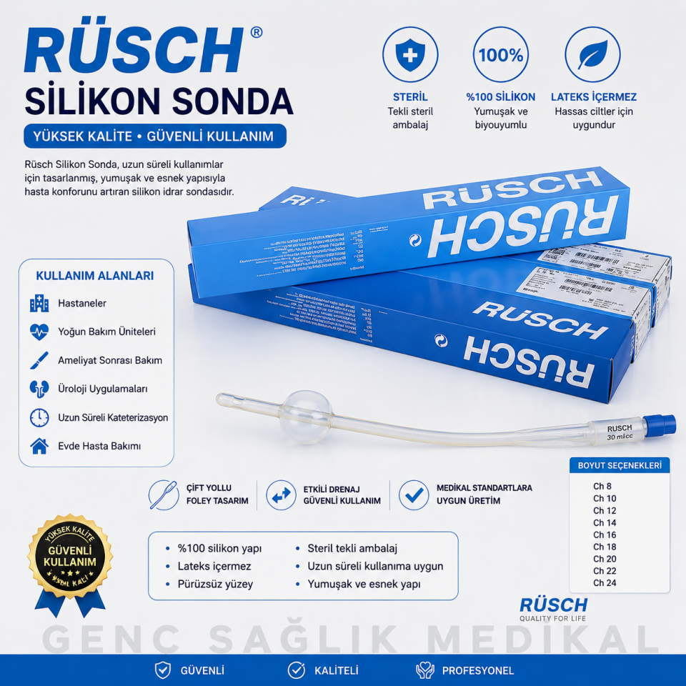 Rüsch Silikon Foley Sonda Steril Çift Yollu İdrar Kateteri 12-14-16-18-20-22-24 FR