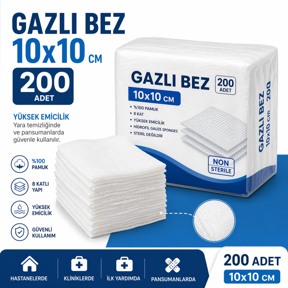 Spanç 10x10 Cm 8 Kat Non Steril (Gazlı Bezden) 200 Adet