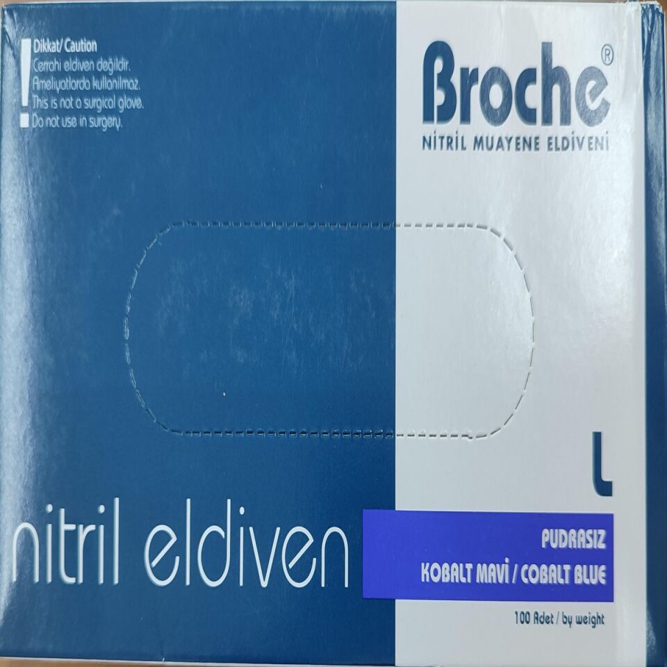 Mavi Nitril Muayene Eldiveni Pudrasız 10 KUTU (BROCHE)