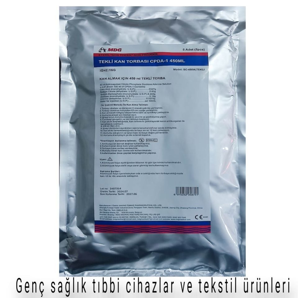 Tekli Kan Torbası 450 ml 5’li Paket | Kan Alma ve Saklama Torbası