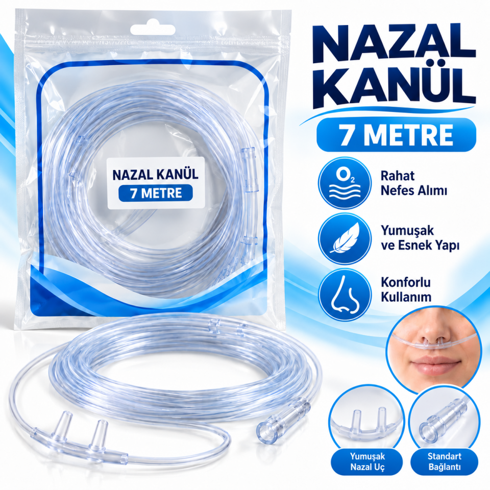 Nazal Oksijen Kanülü Oksijen Hortumu (7 Metre) Yetişkin