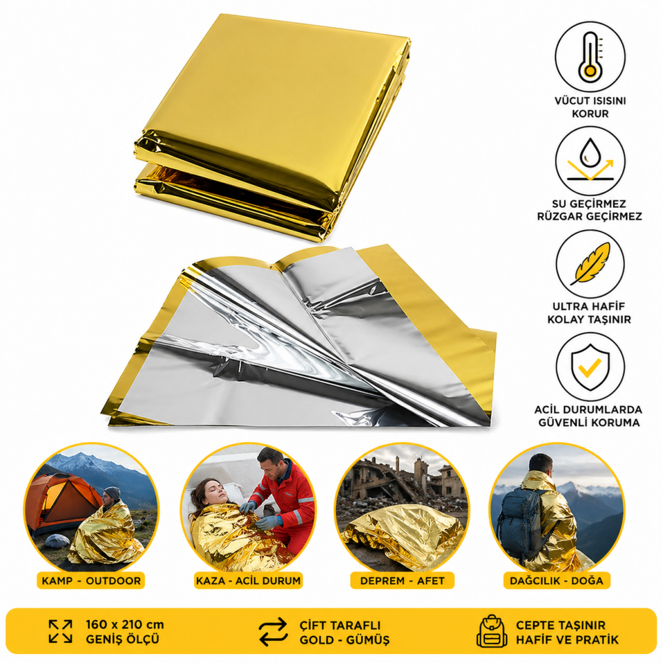 Acil Durum Termal Battaniye 160x210 cm Gold-Gümüş (10 ADET)