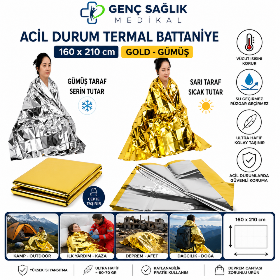 Acil Durum Termal Battaniye 160x210 cm Gold-Gümüş (10 ADET)