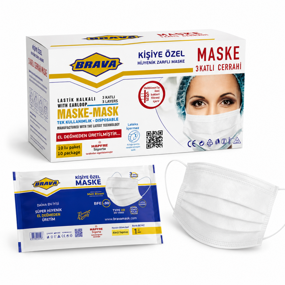 Yüz Maskesi 3 katlı Tekli Ambalajlı Hijyenik (Brava)
