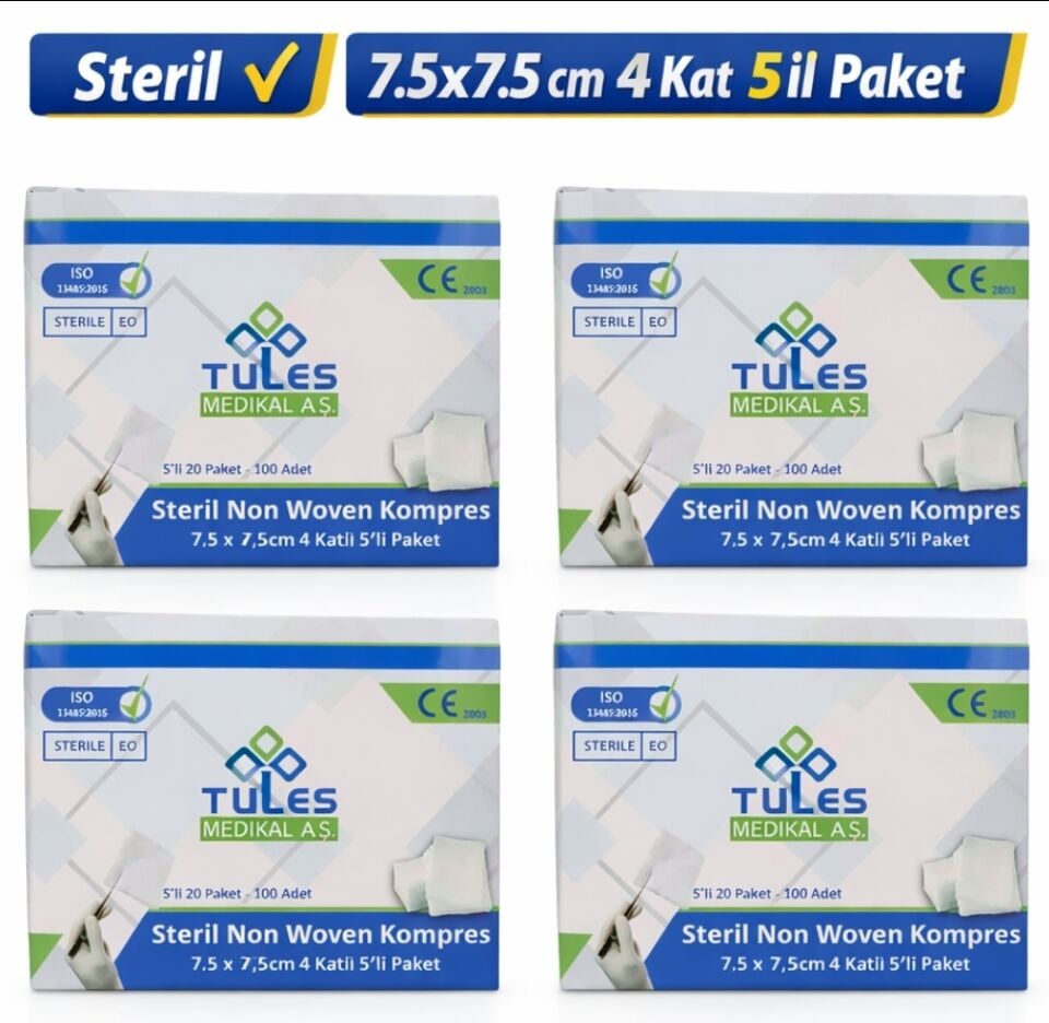 Tules Steril Non Woven Kompres 7,5x7,5 cm 4 Kat 5’li Paket – Tekli Steril Gazlı Bez