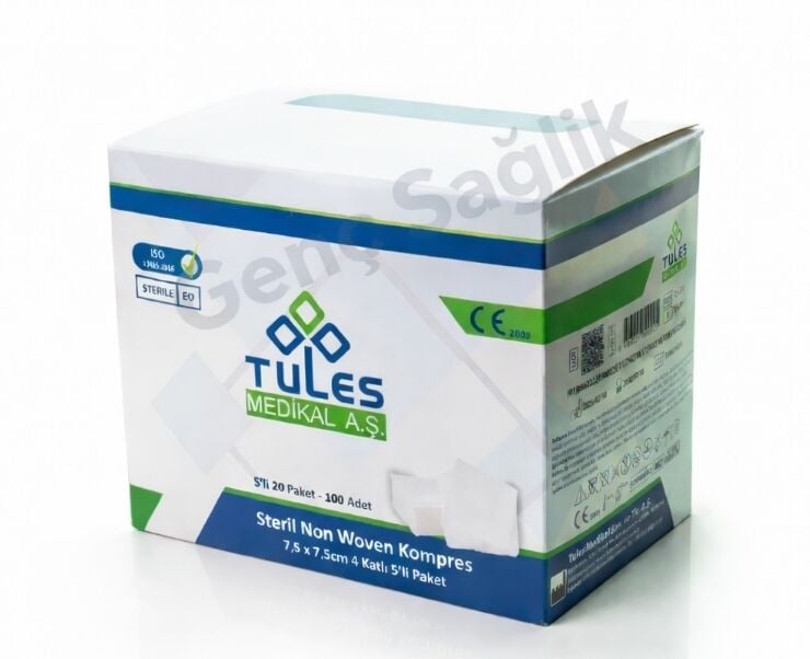 Tules Steril Non Woven Kompres 7,5x7,5 cm 4 Kat 5’li Paket – Tekli Steril Gazlı Bez