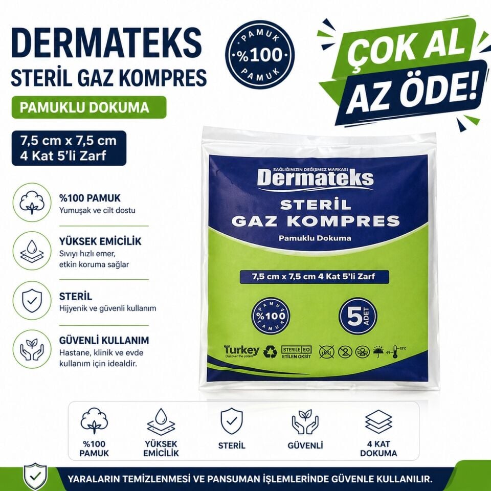 Dermateks Steril Spanç Gaz Kompres 7,5x7,5 cm 100'lü -%Pamuklu 10 Paket