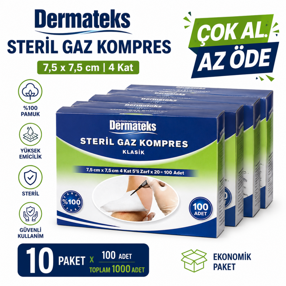 Dermateks Steril Spanç Gaz Kompres 7,5x7,5 cm 100'lü -%Pamuklu 10 Paket