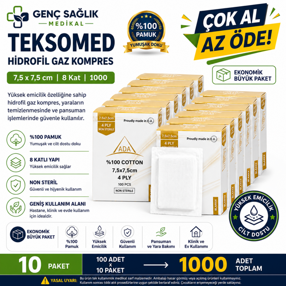 ADA Steril Spanç 7,5x7,5 cm 4 Kat 100’lü %100 Pamuk 10 Paket