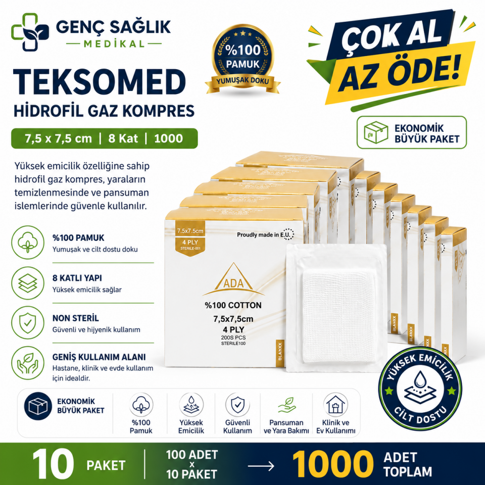 ADA Steril Spanç 7,5x7,5 cm 4 Kat 100’lü %100 Pamuk 10 Paket