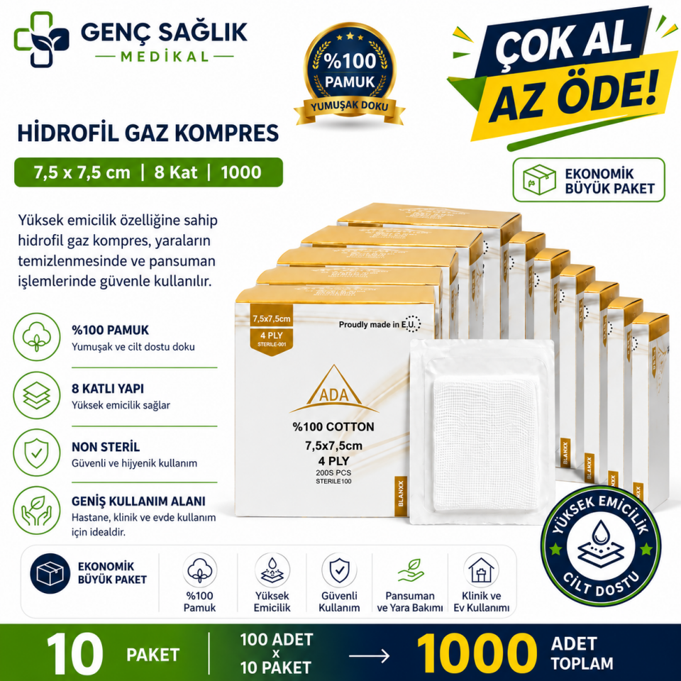 ADA Steril Spanç 7,5x7,5 cm 4 Kat 100’lü %100 Pamuk 10 Paket