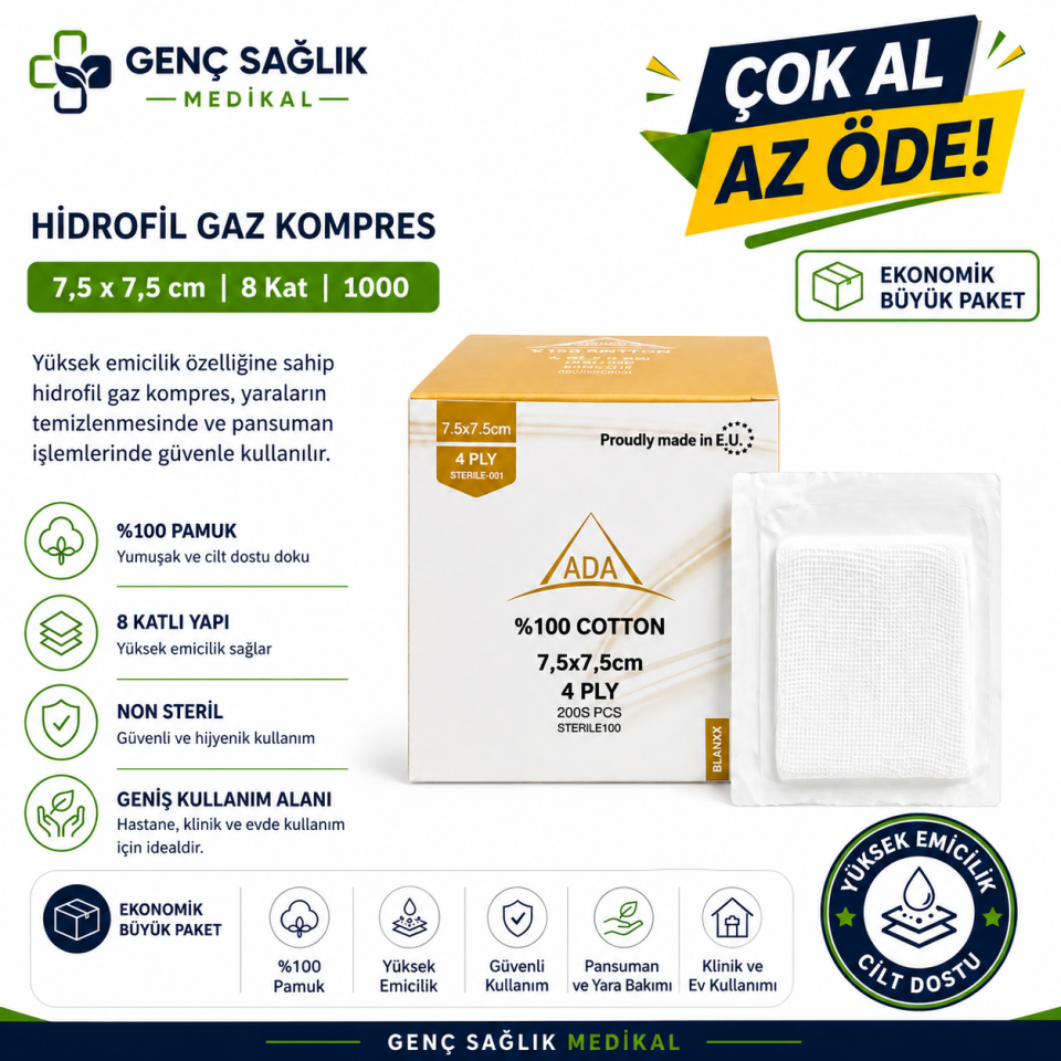 ADA Steril Spanç 7,5x7,5 cm 4 Kat 100’lü %100 Pamuk 10 Paket