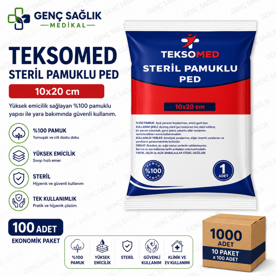 Teksomed Steril Pamuklu Ped 10x20 cm | Yara Bakım Pedi 100 Adet