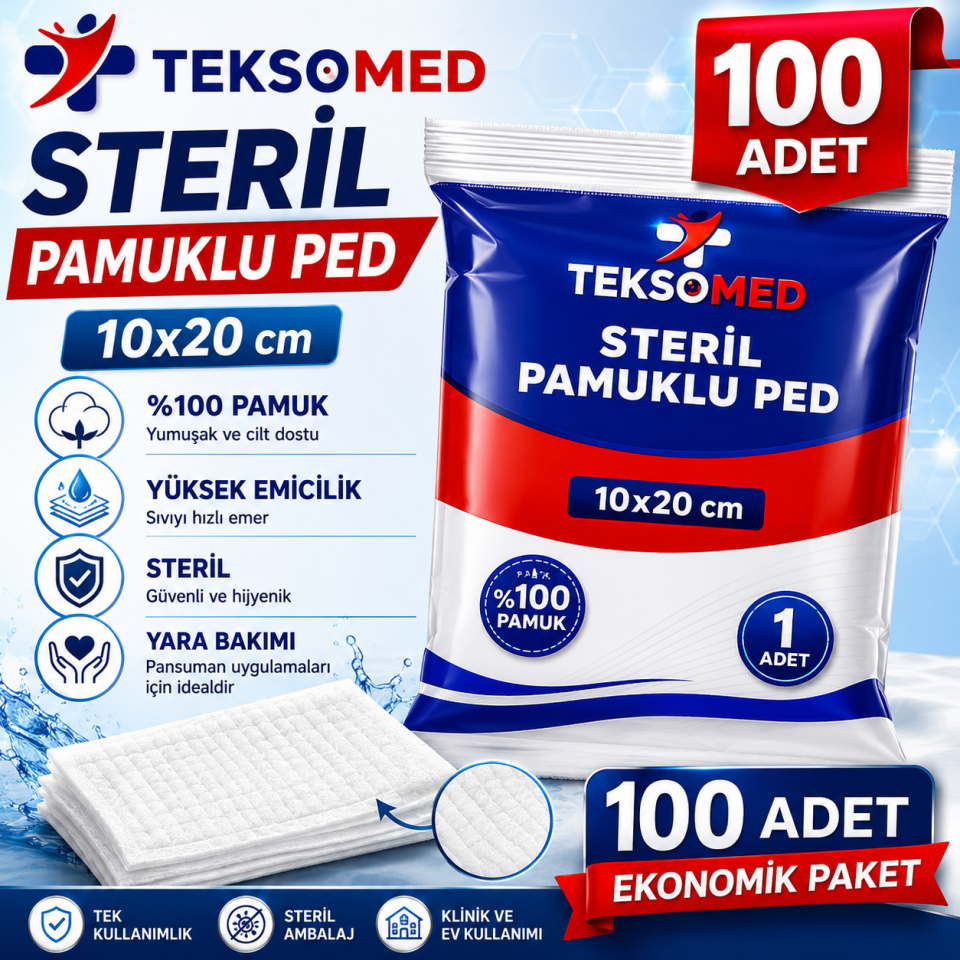 Teksomed Steril Pamuklu Ped 10x20 cm | Yara Bakım Pedi 100 Adet