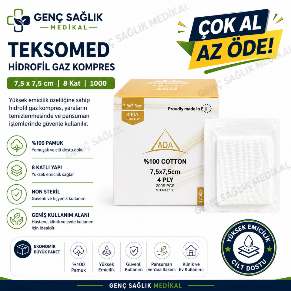 ADA Steril Spanç 7,5x7,5 cm – 4 Kat 100'lü - %100 Pamuk | ADA No