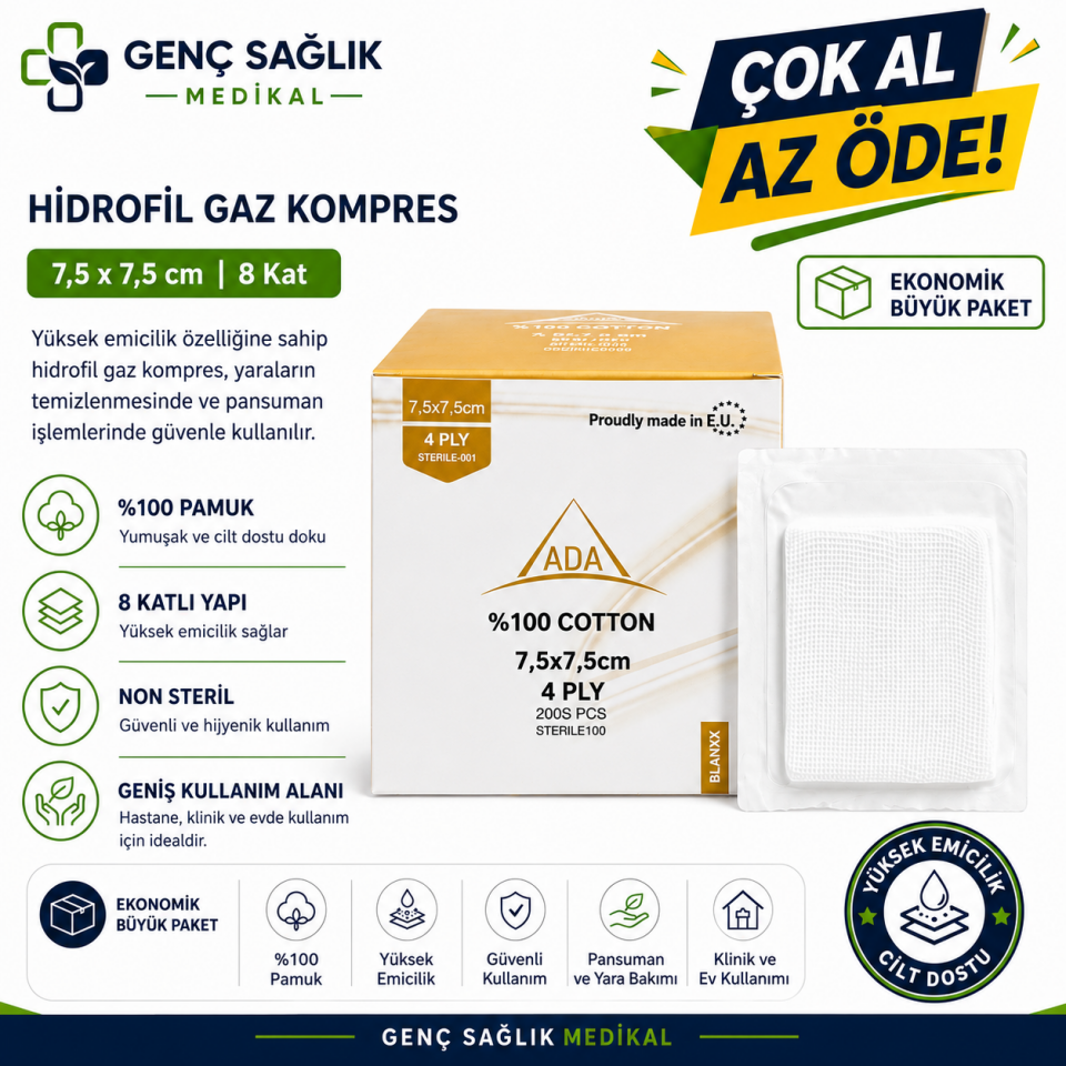 ADA Steril Spanç 7,5x7,5 cm – 4 Kat 100’lü - %100 Pamuk