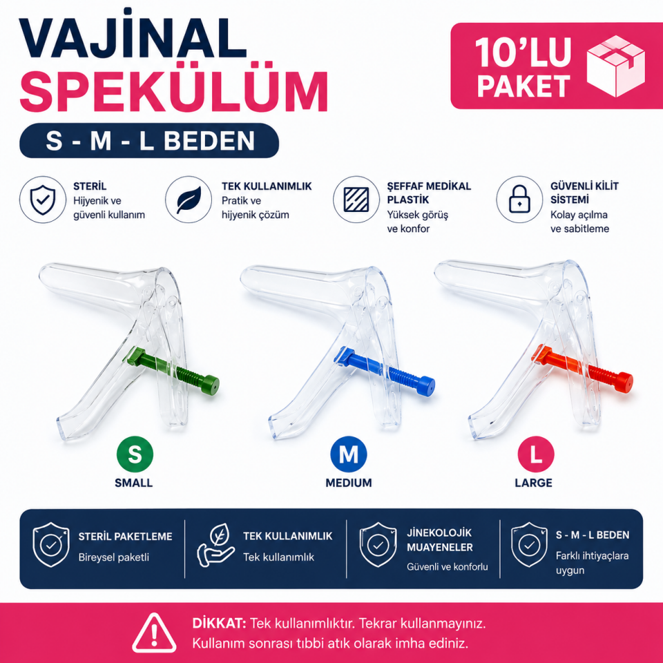 Vajinal Spekülüm S-M-L Beden Tek Kullanımlık Jinekolojik 10'Lu Paket