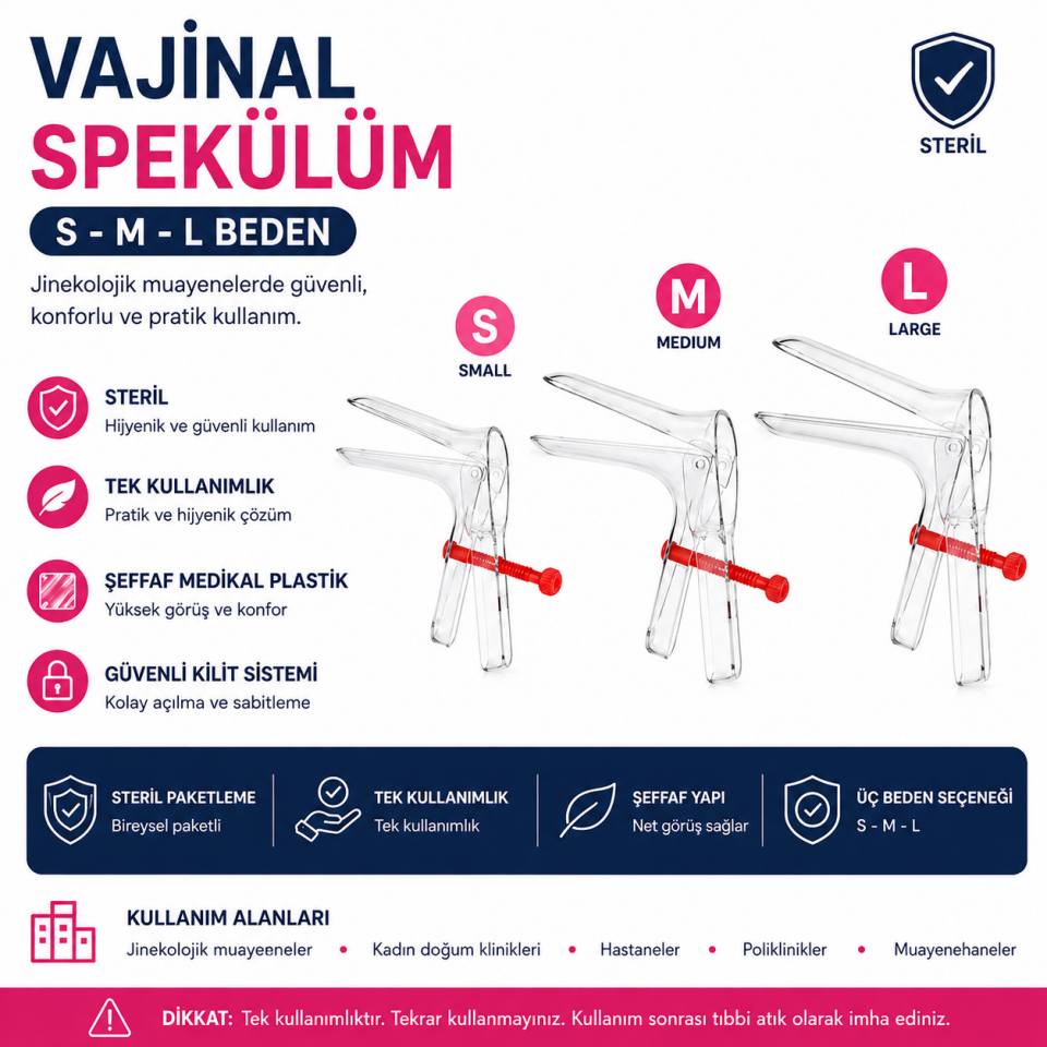 Vajinal Spekülüm S-M-L Beden Tek Kullanımlık Jinekolojik 10'Lu Paket