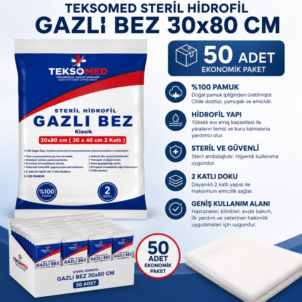 Teksomed Steril Hidrofil Gazlı Bez 30x80 cm 50'li paket