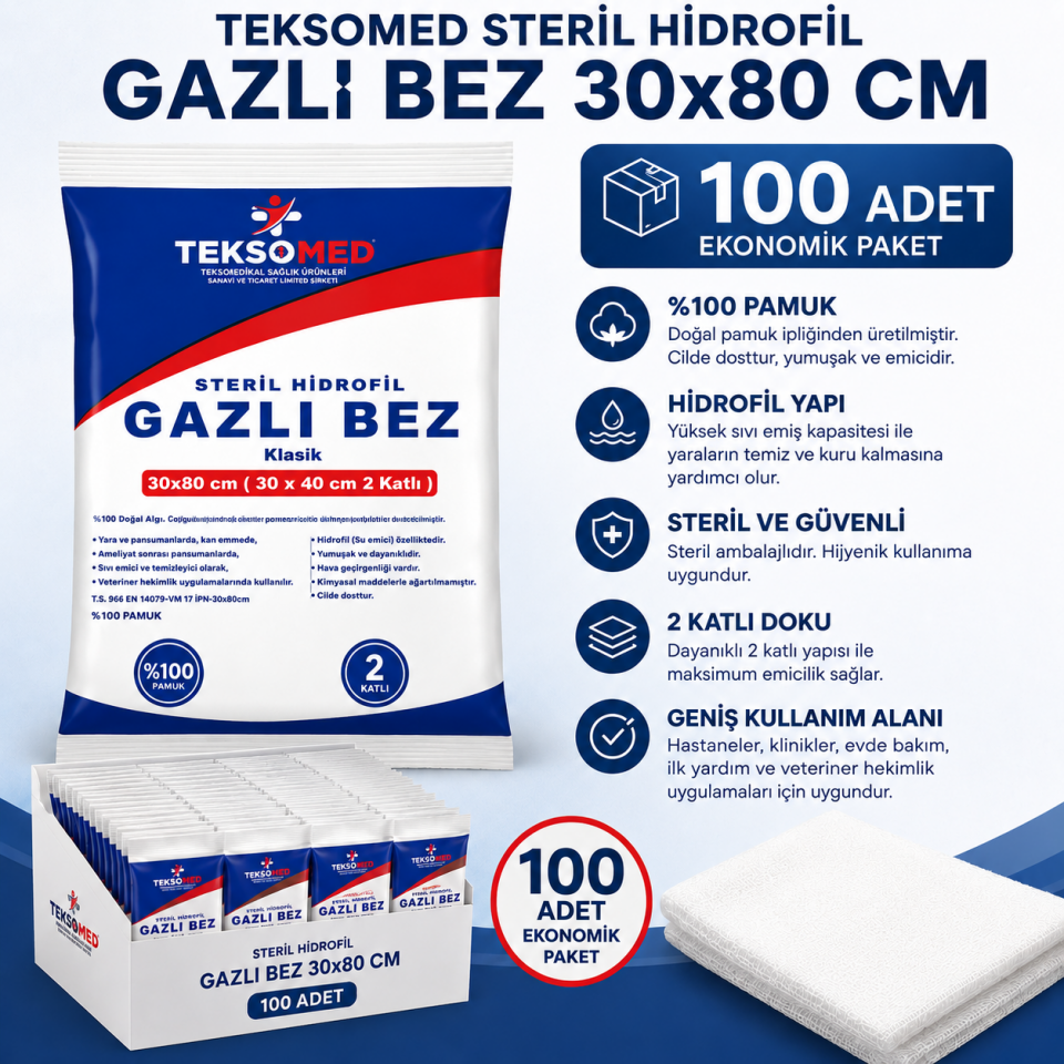 Teksomed Steril Hidrofil Gazlı Bez 30x80 cm 100'lü