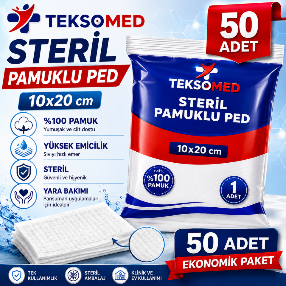 Teksomed Steril Pamuklu Ped 10x20 cm | Yara Bakım Pedi 50 adet
