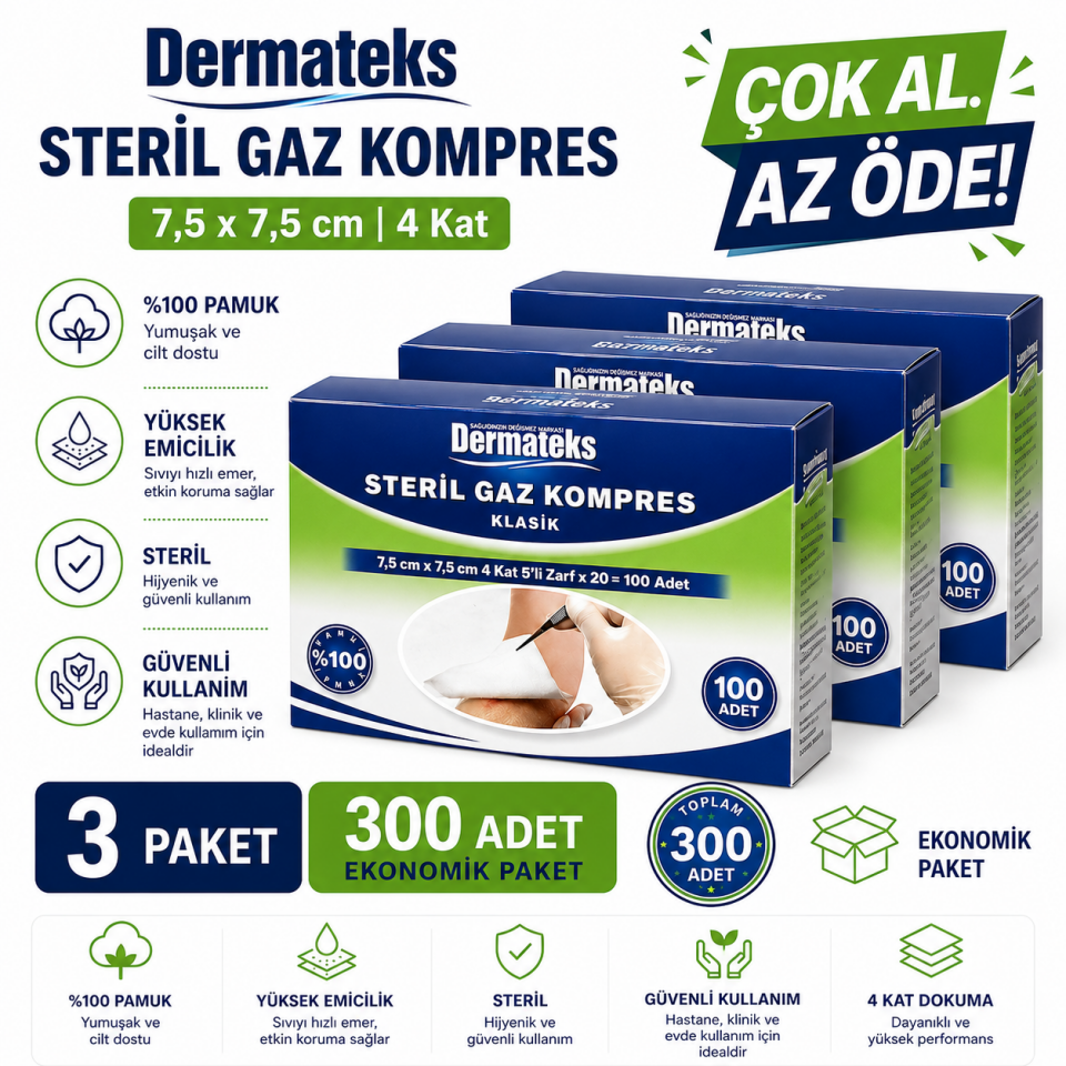 Dermateks Steril Spanç Gaz Kompres 7,5x7,5 cm 100'lü -%Pamuklu 3 Paket