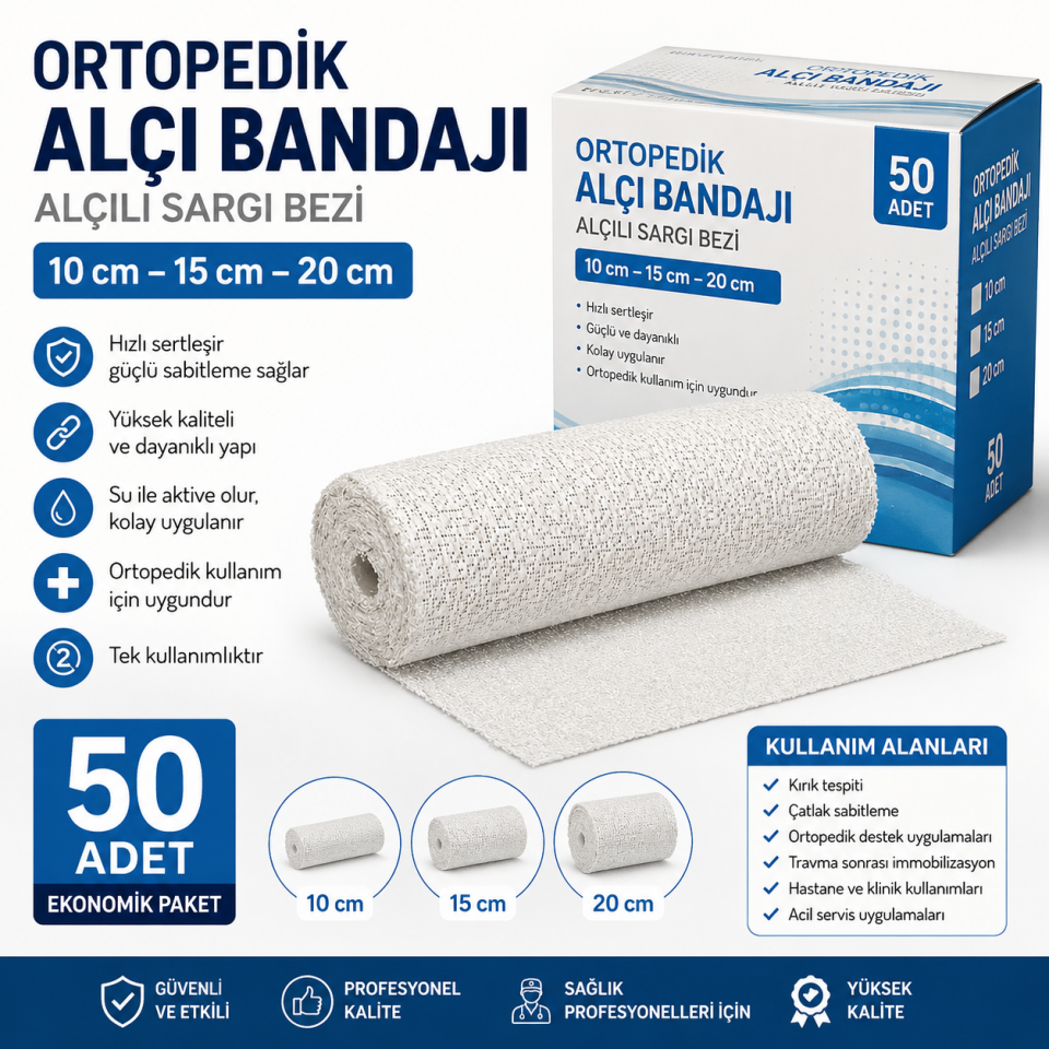 Ortopedik Alçı Bandajı-Sargı 10 cm – 15 cm – 20 cm 50'li Paket