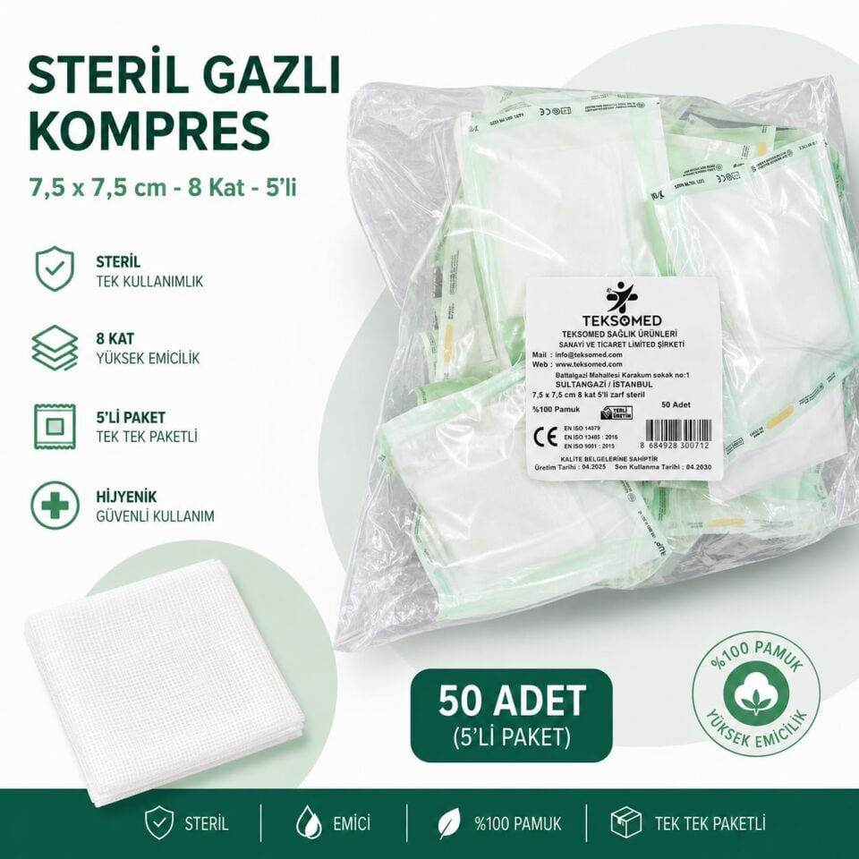 Steril Gaz Kompres 7,5x7,5 cm 8 Kat 5'li Zarf Emici Kompres