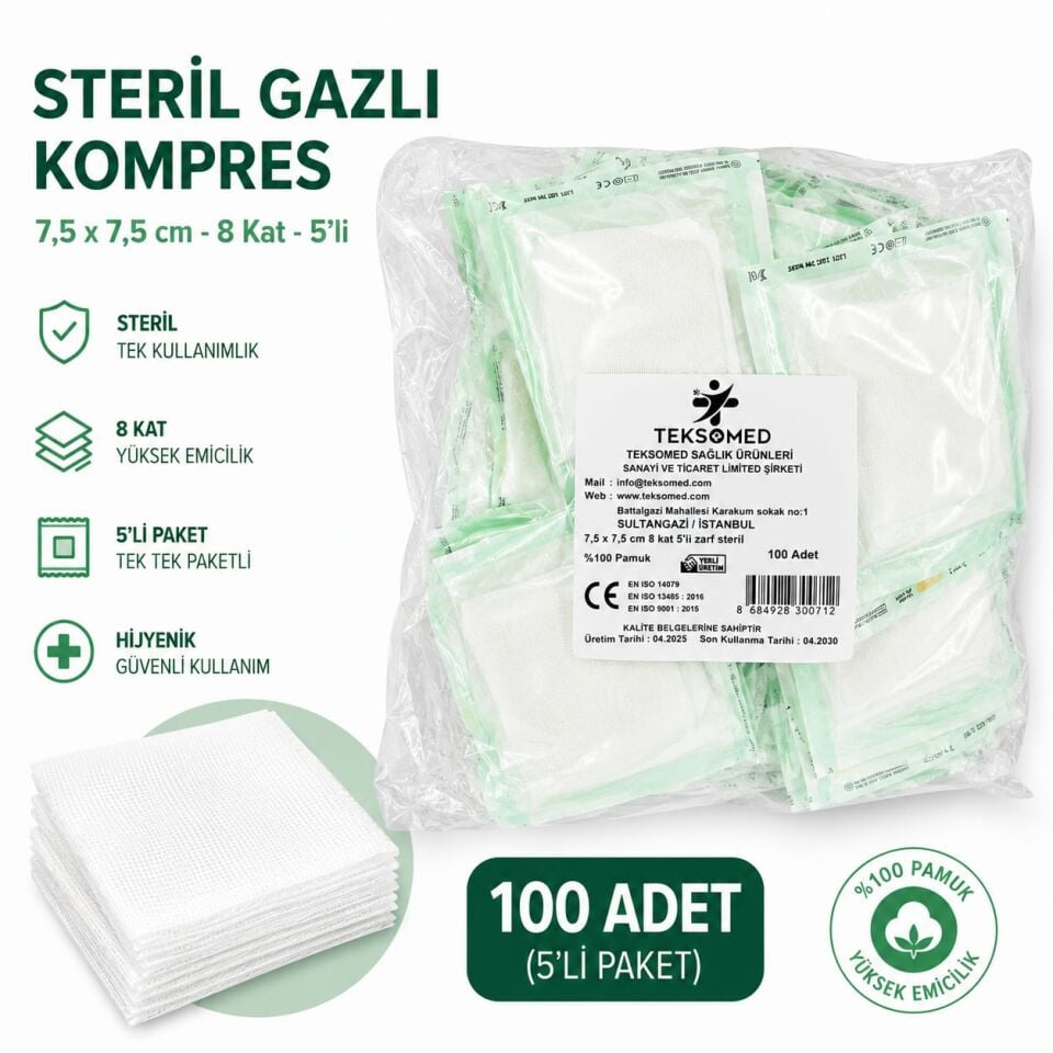 Steril Gaz Kompres 7,5x7,5 cm 8 Kat 5'li Zarf Emici Kompres