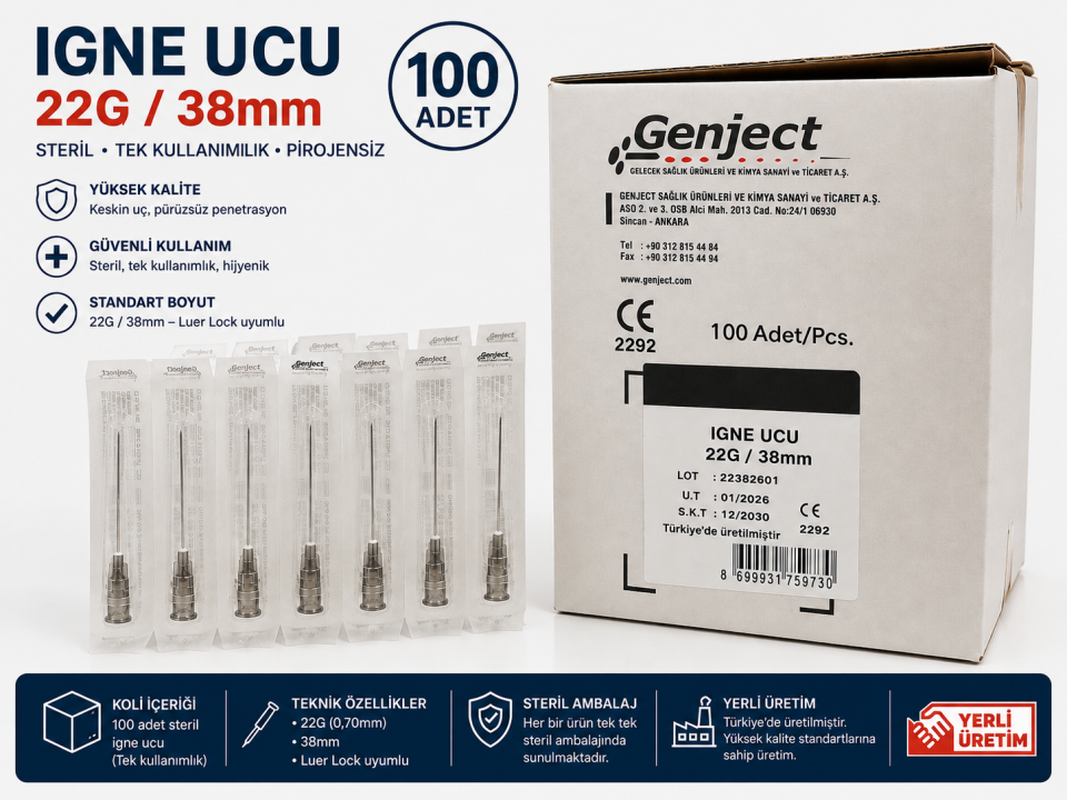Genject Siyah İğne Ucu 22G / 38 mm 100 Adet Steril Enjektör İğnesi