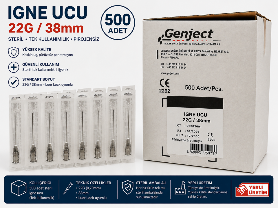 Genject Siyah İğne Ucu 22G / 38 mm 500 Adet Steril Enjektör İğnesi