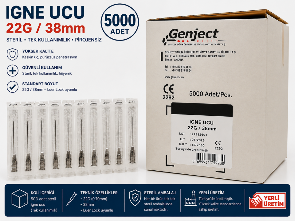 Genject Siyah İğne Ucu 22G / 38 mm Steril Enjektör İğnesi 5000 Adet