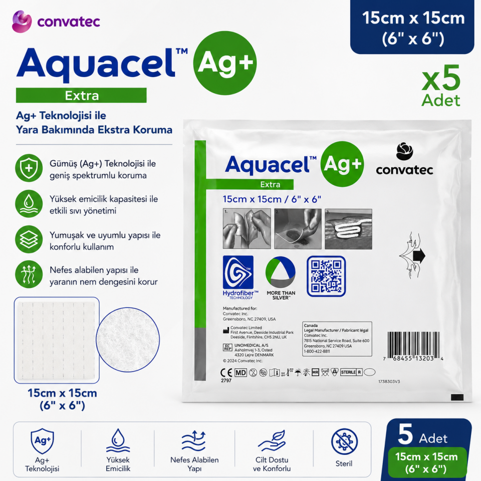 Aquacel Ag+ Extra Gümüş İçerikli Yara Örtüsü 15x15 cm