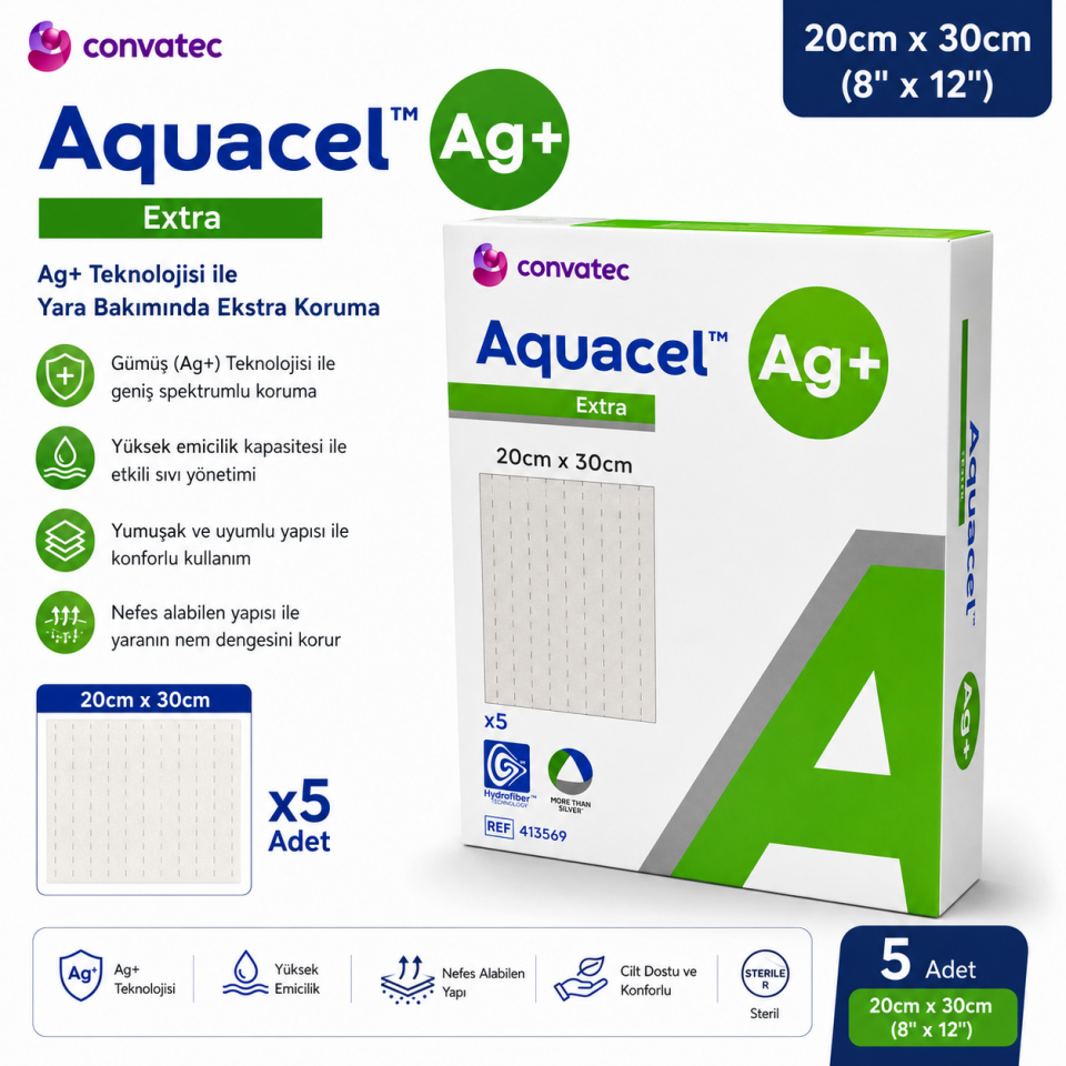 Aquacel Ag+ Extra Gümüş İçerikli Yara Örtüsü 20x30 cm