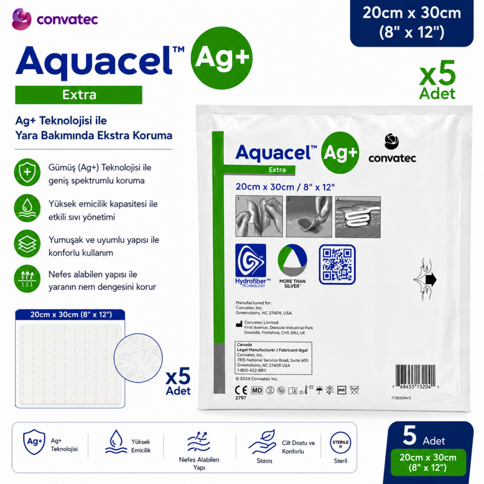 Aquacel Ag+ Extra Gümüş İçerikli Yara Örtüsü 20x30 cm