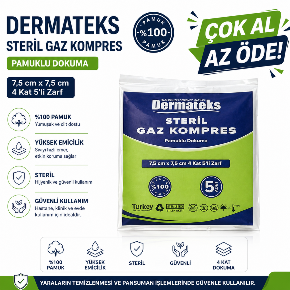 Dermateks Steril Spanç Gaz Kompres 7,5x7,5 cm 100'lü -%Pamuklu