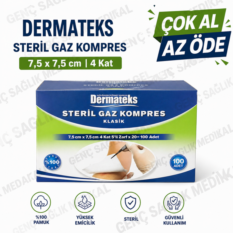 Dermateks Steril Spanç Gaz Kompres 7,5x7,5 cm 100'lü -%Pamuklu